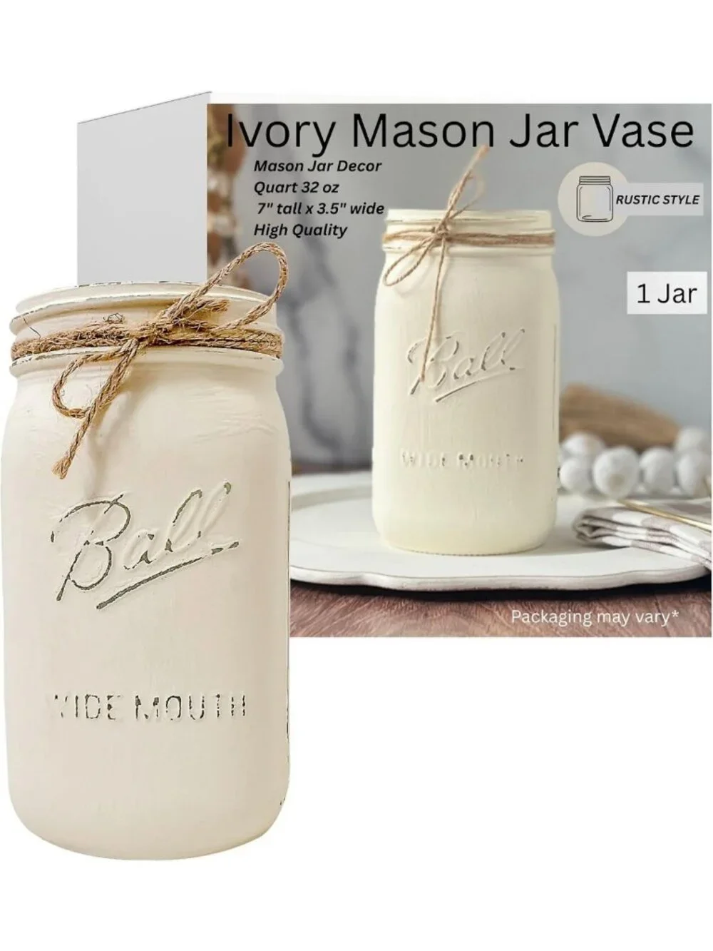 Ivory Mason Jar Vase | 32 oz Wide Mouth | Rustic Farmhouse & Boho Decor | Flower